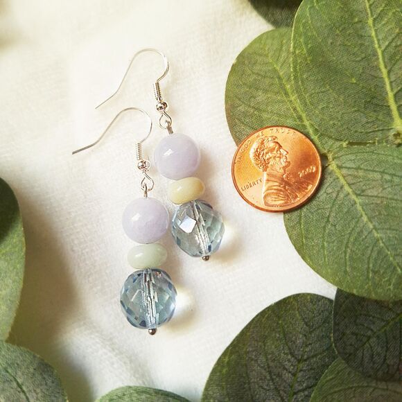 Pastel Aquamarine, Amazonite & Pale Blue Glass Drop Earrings, Fairycore Dangles - Picture 3 of 11